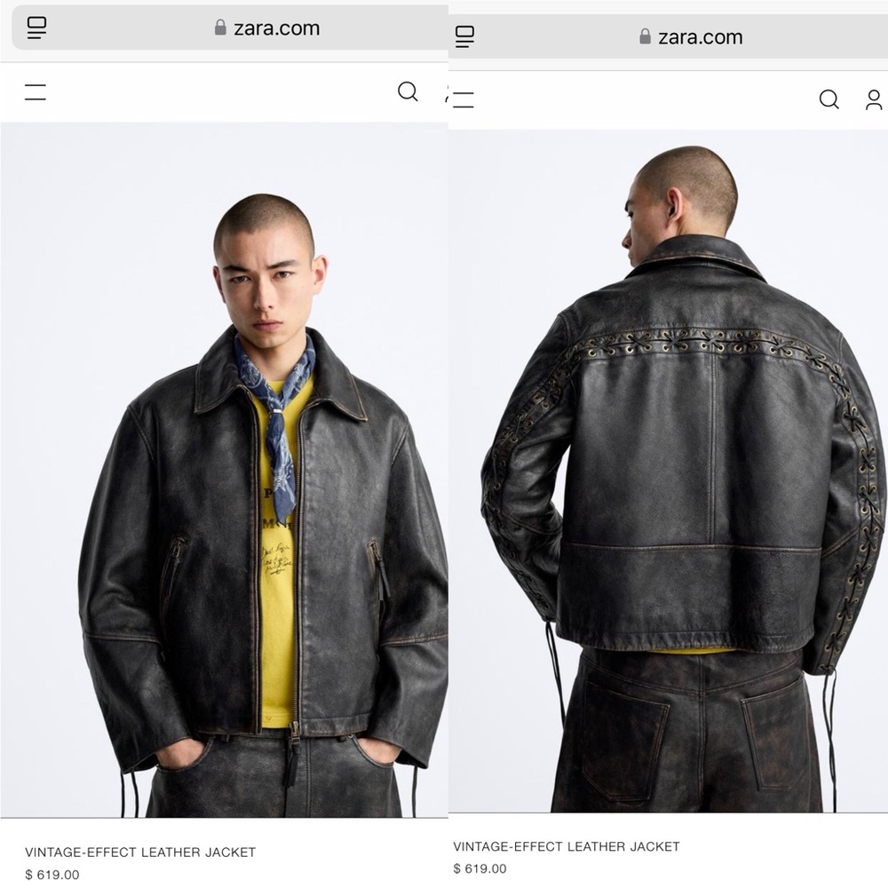 ZARA $619 Vintage Effect 100% Cow Leather Jacket Mens S/M Unisex
